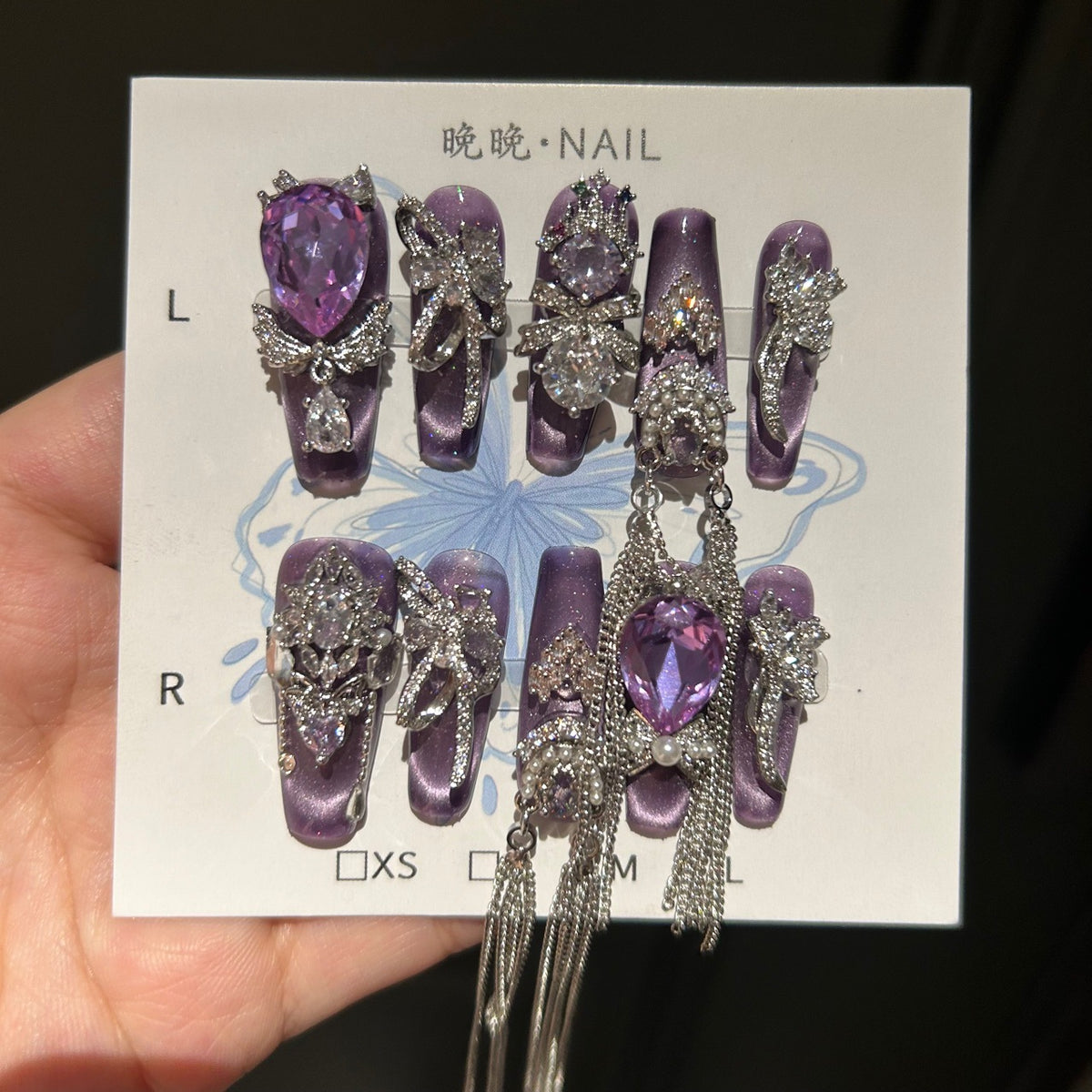 Handmade Purple Metallic Long Square Press On Nails with Giant Teardrop Purple Crystals, Silver Rhinestone Bows, Crown Charms & Long Tassel Chains