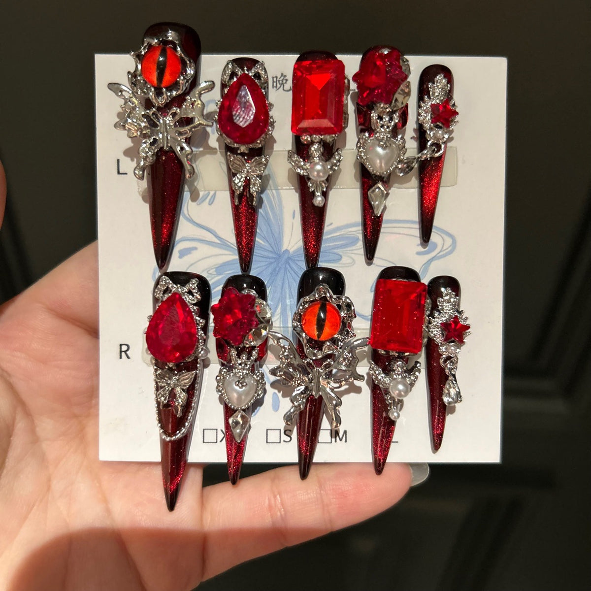 Handmade Red Demon Eye Long Stiletto Press On Nails, Red Gem Butterfly False Nails with Pearls & Chains
