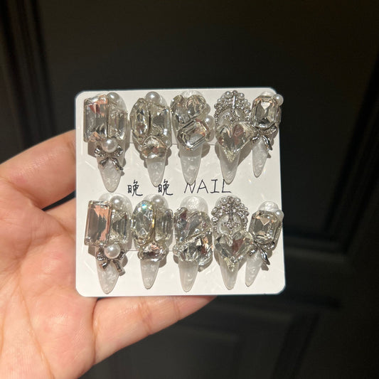 Handmade Clear Crystal Luxury Long Stiletto Press On Nails with Pearls & Silver Bow Charms
