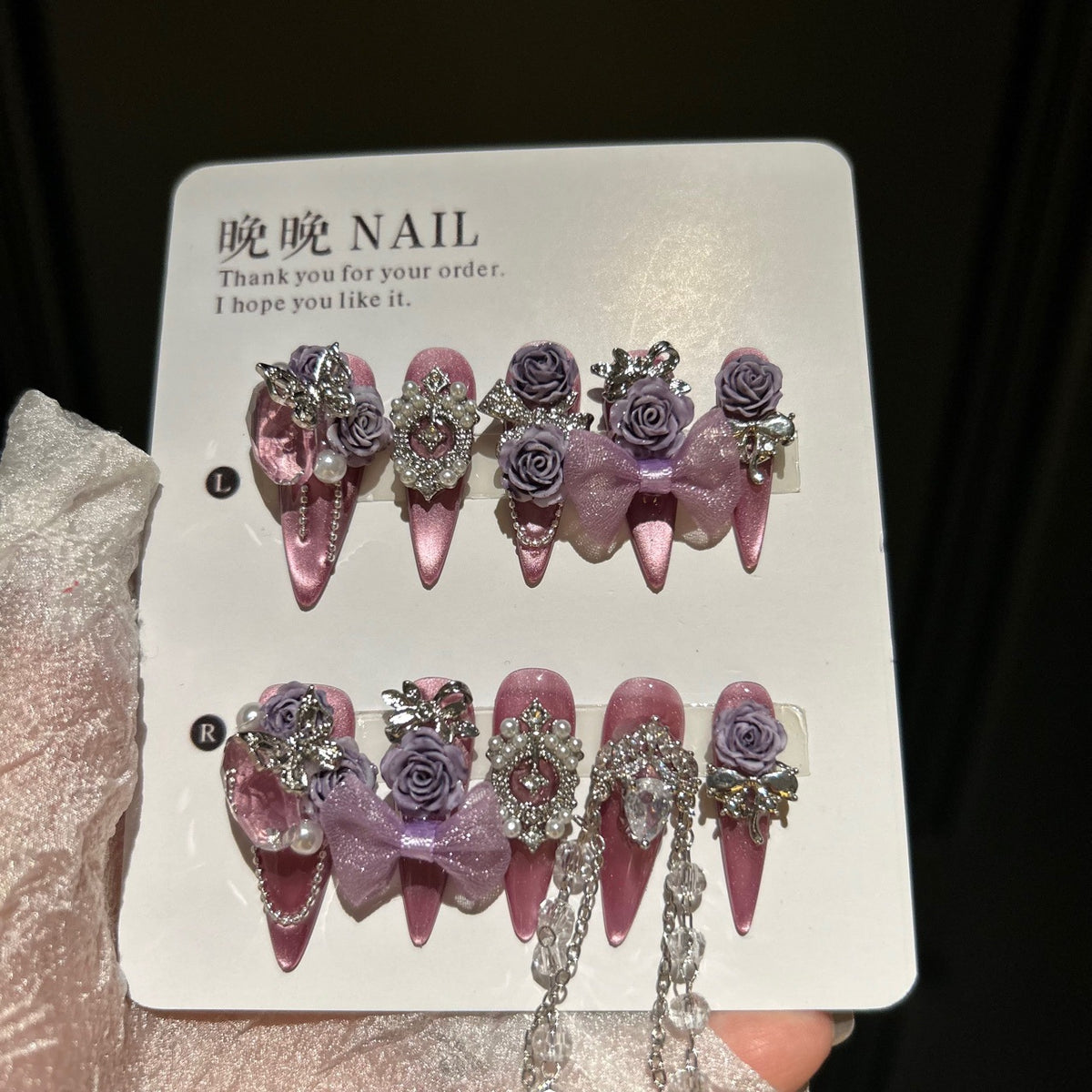 Mauve Pink Cat Eye Stiletto Press-on Nails with 3D Dusty Purple Roses, Sheer Organza Bow, Vintage Frame, and Crystal Draping Chain - Luxury Glam Fake Nail Set