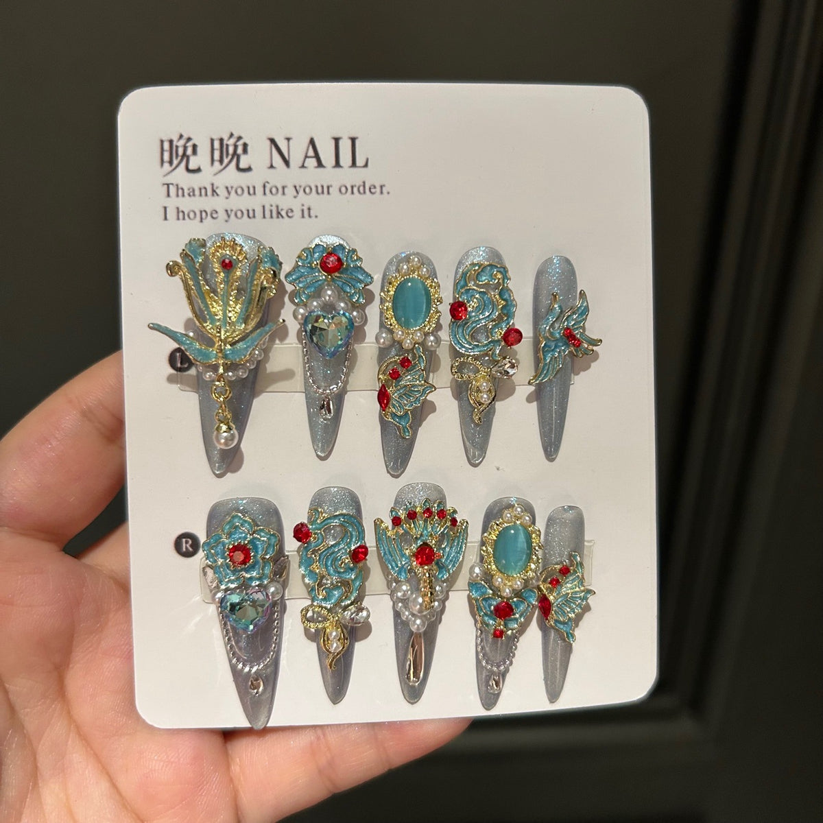 Handmade Silver Cat Eye Long Stiletto Press On Nails with Vintage Chinese Style Gold & Teal Metal Charms, Red Rhinestones, Cat Eye Gem & Pearls
