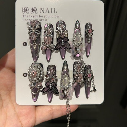 Handmade Purple Cat Eye Long Stiletto Press On Nails with Black Butterfly, Pink Crystal & Vintage Cameo Charms