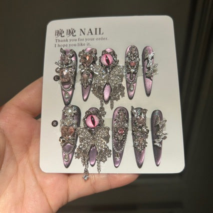 Handmade Purple Chameleon Evil Eye Long Stiletto Press On Nails with Rhinestone Bow & Crystals