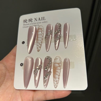 Handmade Nude Pink Cat Eye Press On Nails | Luxury Heavy Industry Snake Skin & Rhinestone Reusable Fake Nails, Edgy Nail Art