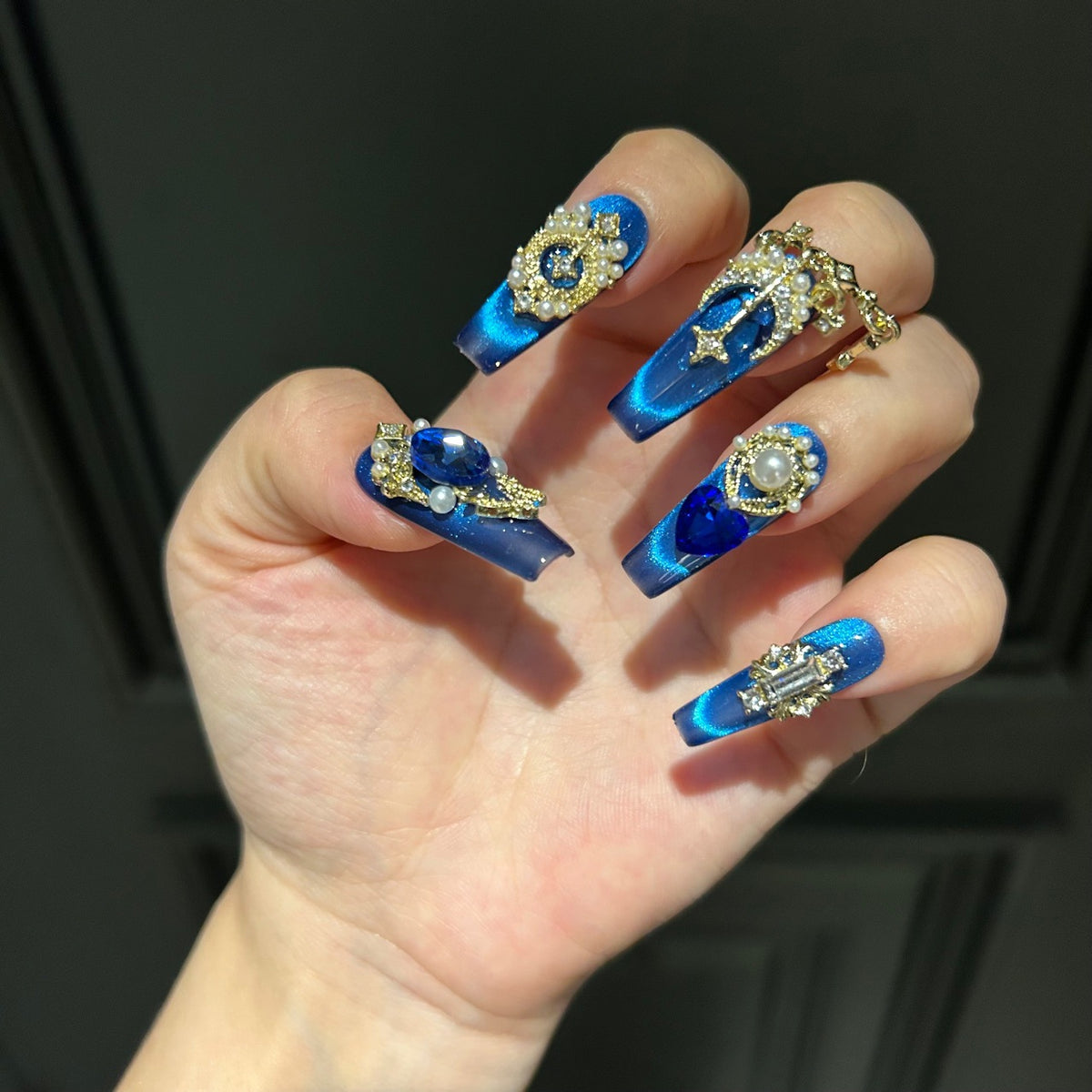 Handmade Sapphire Blue Cat Eye Long Coffin Press On Nails with Large Sapphire Crystals, Gold Star & Butterfly Charms, Pearls & Dangling Gold Chains