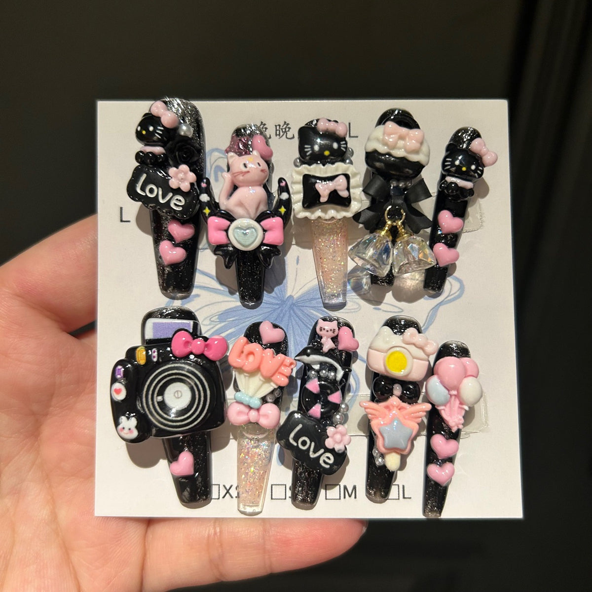 Handmade Black Kawaii Hello Kitty Long Stiletto Press On Nails with 3D Resin Charms