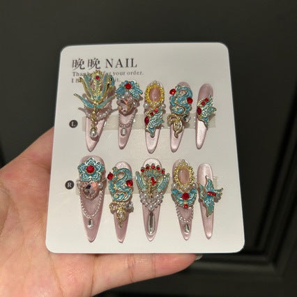 Handmade Pastel Pink Chinese Style Long Stiletto Press On Nails with Turquoise Phoenix Charms, Red Gem Accents, Pearl Clusters & Gold Filigree