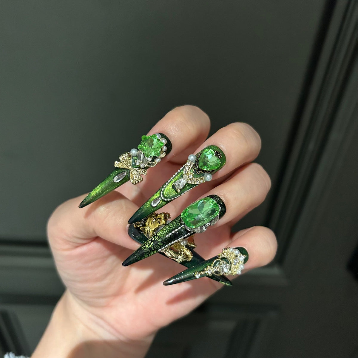 Handmade Green Cat Eye Long Stiletto Press On Nails with Lion King Charms, Green Heart Crystals & Gold Pearl Ornaments