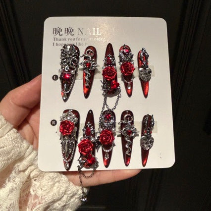 Handmade Red Black Metallic Long Stiletto Press On Nails with 3D Red Roses, Snake Charms, Red Crystals, Silver Rhinestones & Dangling Metal Chains