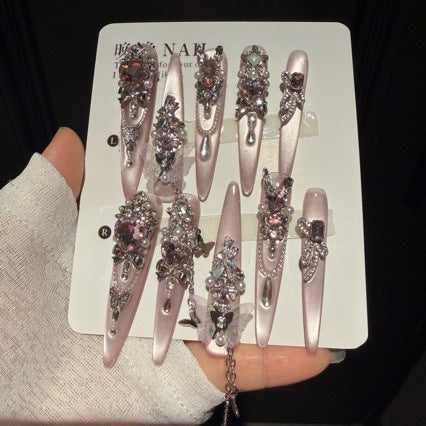 Handmade Nude Pink Metallic Long Stiletto Press On Nails with Giant Pink Crystals, Tulle Butterfly Charms, Pearl Clusters & Dangling Silver Chains