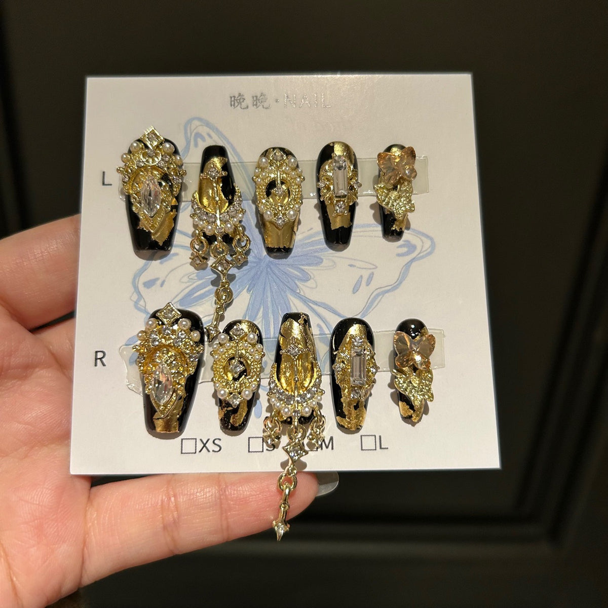 Handmade Black Gold Foil Long Coffin Press On Nails with Gold Butterfly Charms, Luxury Crystal & Pearl Clusters, Dangling Gold Chains
