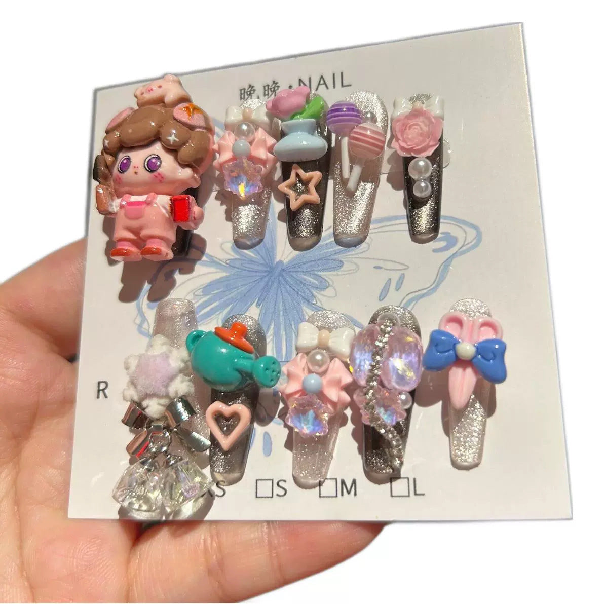 Handmade Black Glitter Long Square Press On Nails with 3D Cartoon Doll Resin Charms, Teapot, Tulip, Lollipop, Roses, Bows & Rhinestone Accents