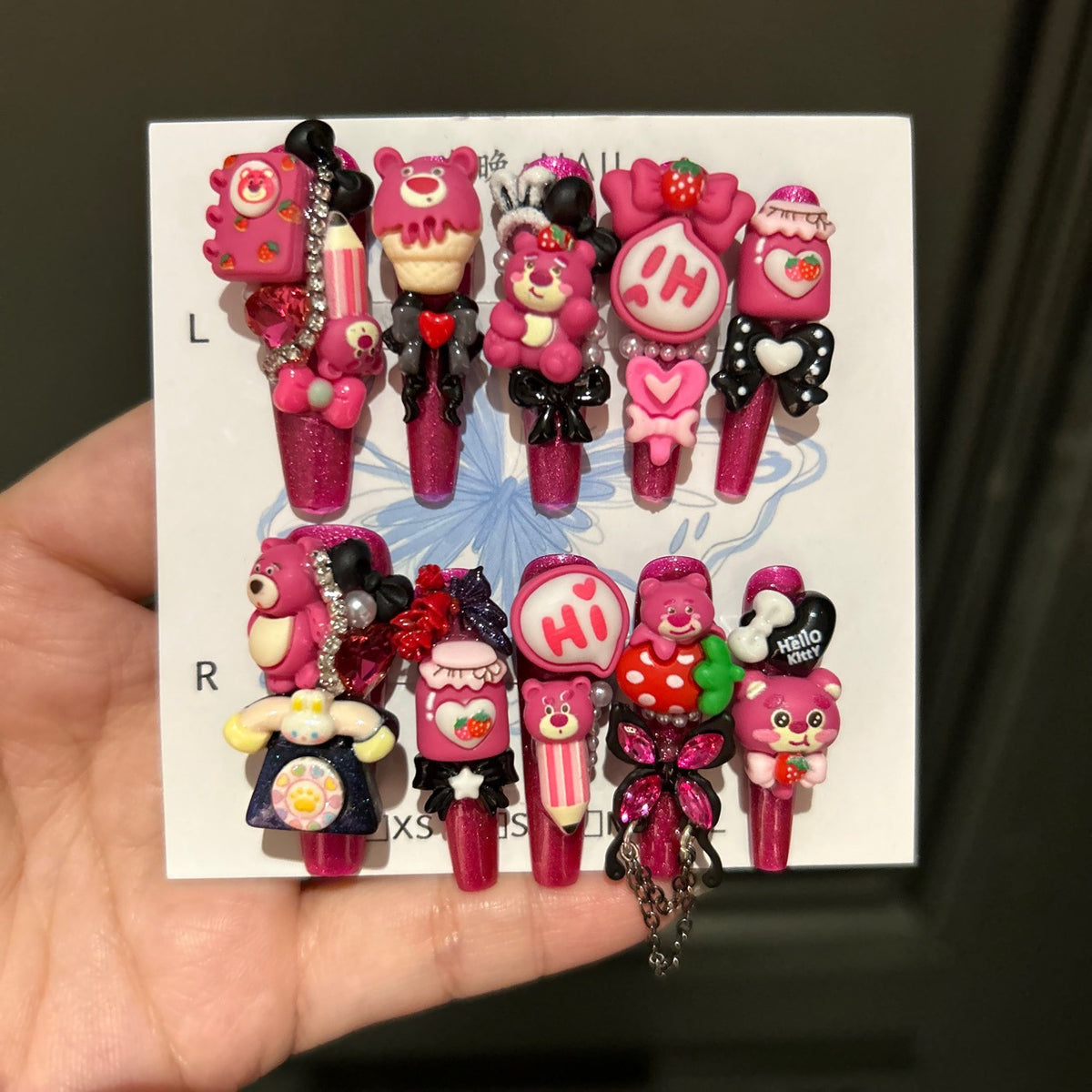 Hot Pink Glitter Coffin Press-on Nails with 3D Lotso Bear, Retro Telephone, Strawberry Ice Cream, Speech Bubble, and Interlinked Chain - Y2K Kawaii Fake Nail Set