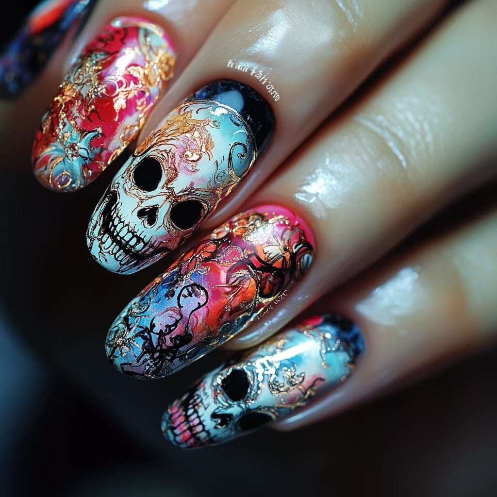 New Halloween fake nail patch soft cute ghost pumpkin lamp bat skull manicure wear armor