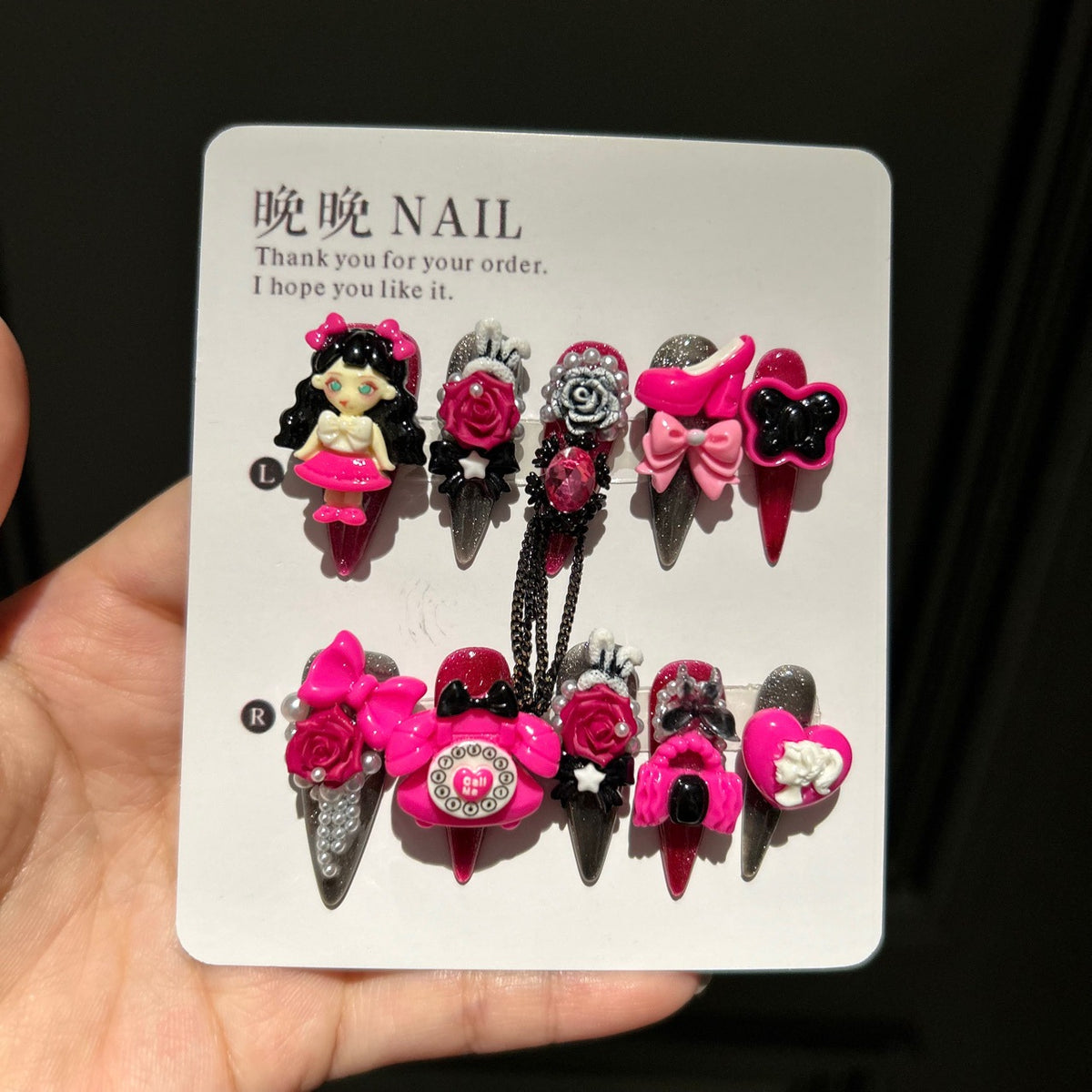 Black & Pink Cat Eye Stiletto Press-on Nails with 3D Anime Doll, Retro Telephone, Rose Flower, High Heels, and Interlinked Chain - Y2K Kawaii Fake Nail Set