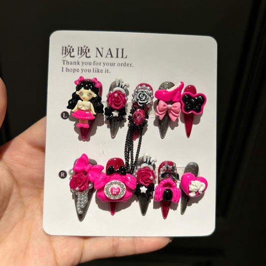 Black & Pink Cat Eye Stiletto Press-on Nails with 3D Anime Doll, Retro Telephone, Rose Flower, High Heels, and Interlinked Chain - Y2K Kawaii Fake Nail Set