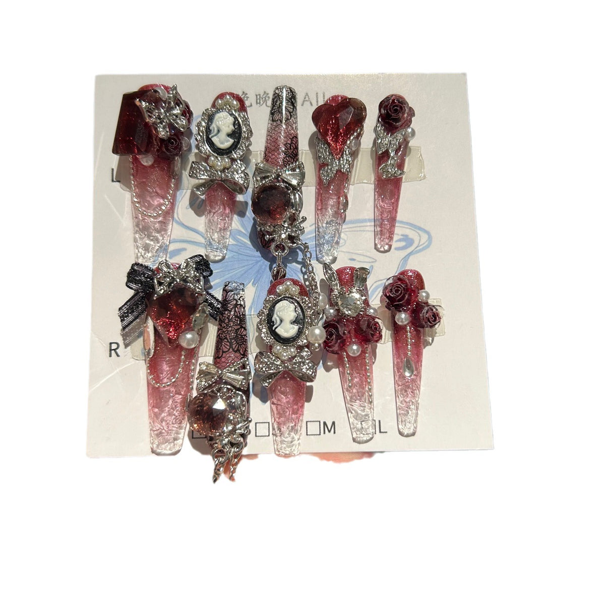 Handmade Red Gradient Clear Long Stiletto Press On Nails with Vintage Cameo Charms, 3D Red Roses, Lace Details, Red Heart Crystals & Dangling Chains