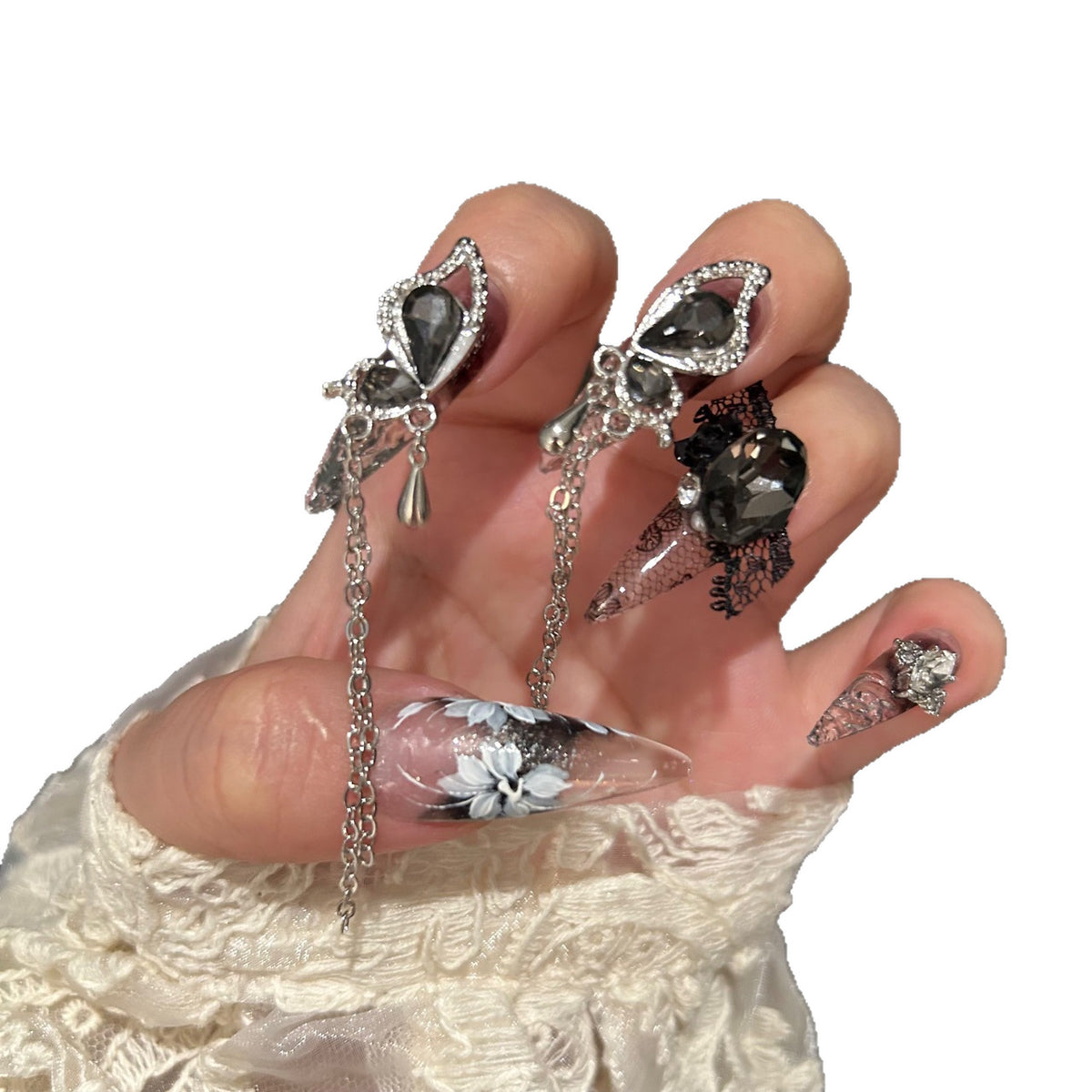 Handmade Smoky Grey Ink Wash Long Stiletto Press On Nails with Black Lace, White Floral & Giant Crystal Charms