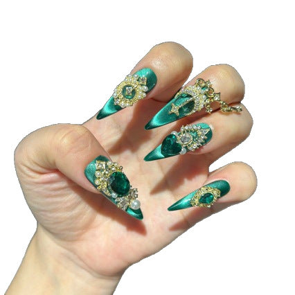 Handmade Emerald Green Cat Eye Press On Nails | Luxury White Cat Eye & 3D Butterfly Reusable Fake Nails, Heavy Industry Rhinestone Art