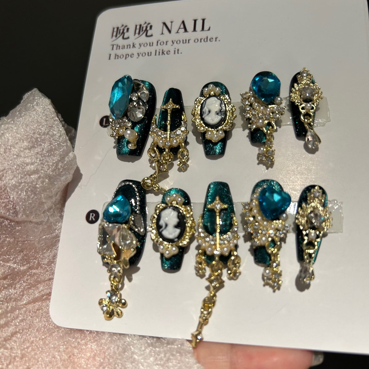 Handmade Dark Teal Glitter Long Coffin Press On Nails with Vintage Cameo Portrait, Large Aqua Blue Crystals, Gold Metal Charms & Dangling Chain Tassels