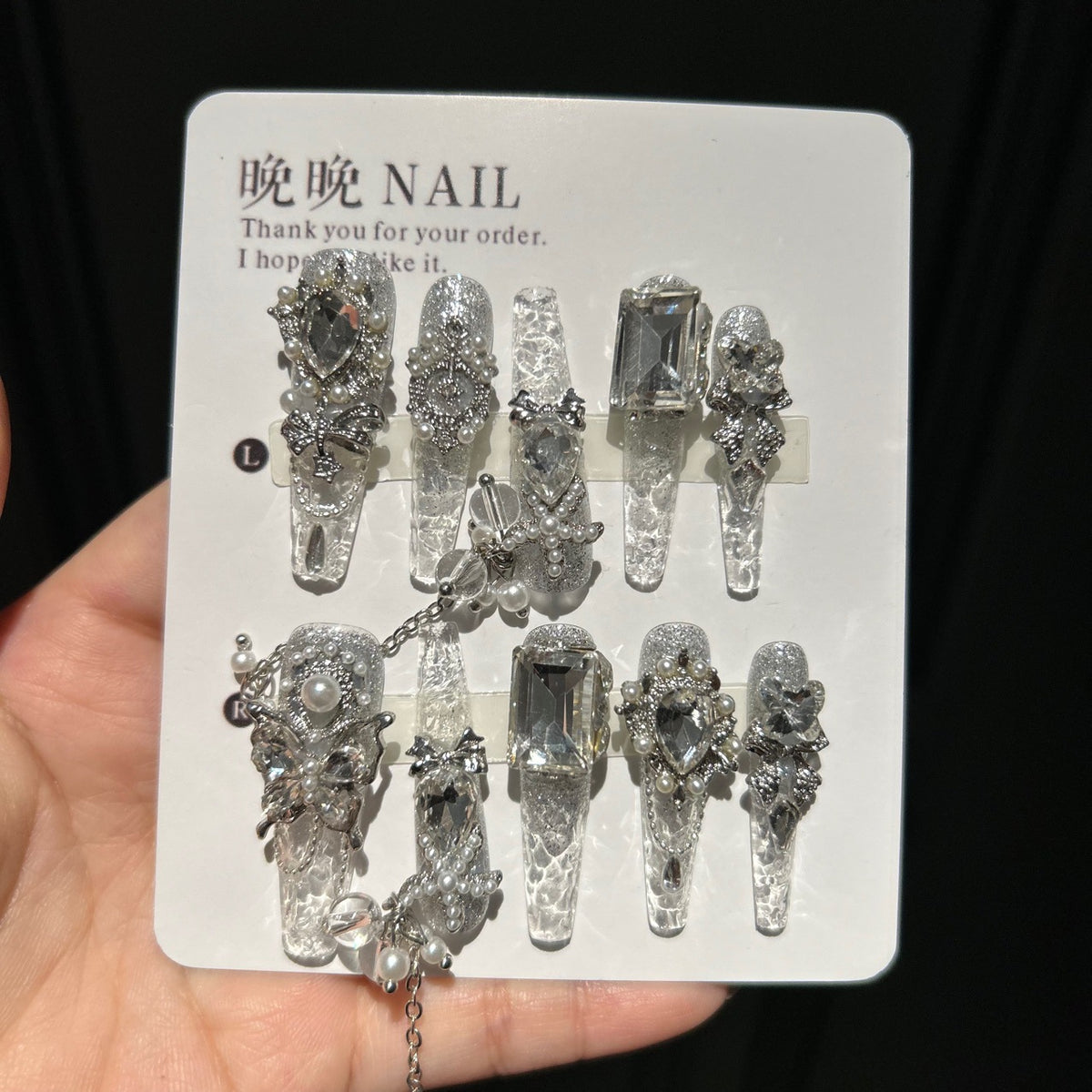Handmade Clear Silver Glitter Long Coffin Press On Nails with Giant Clear Crystals, Butterfly Charms, Pearls & Dangling Silver Chains