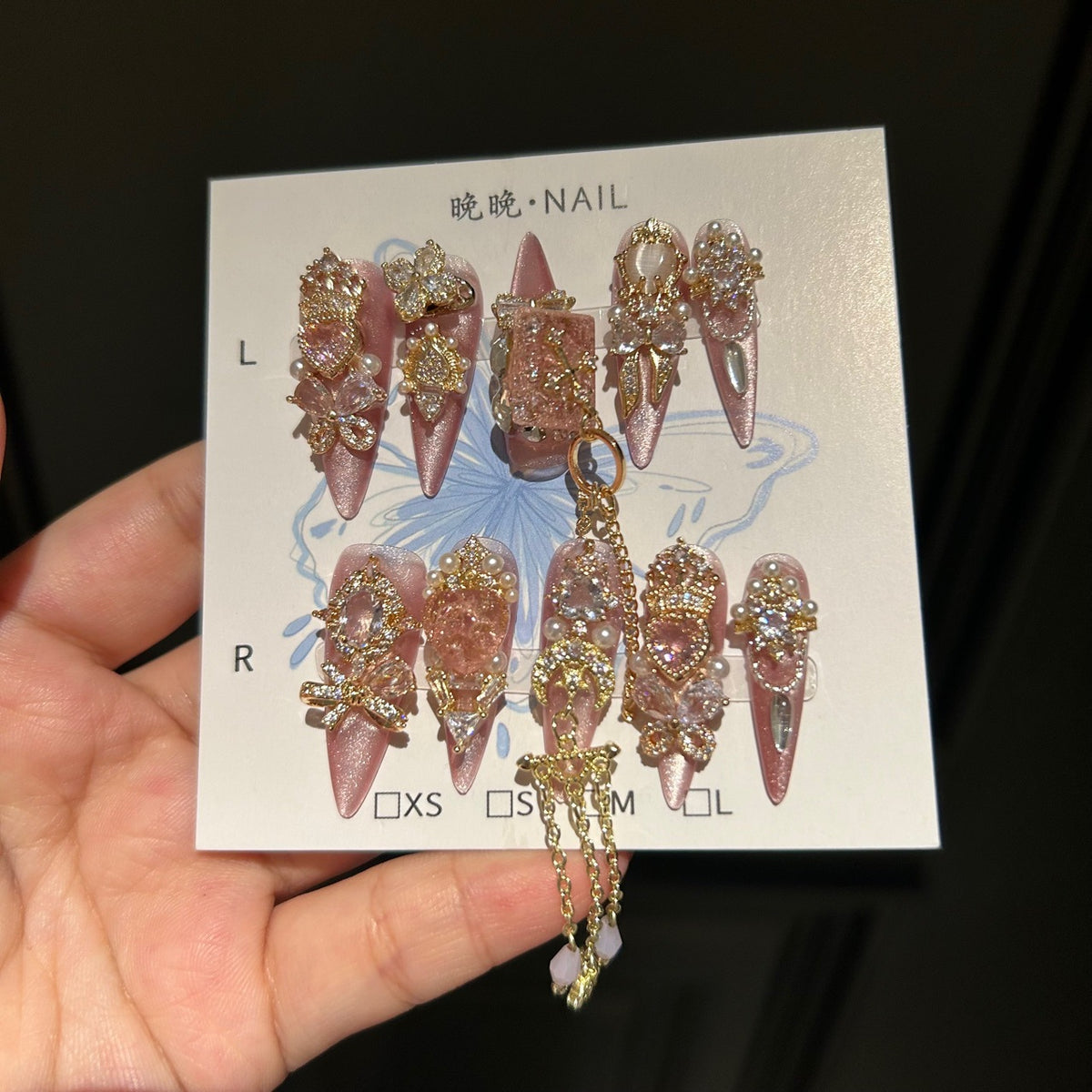 Handmade Pink Cat Eye Long Stiletto Press On Nails, Luxury Gold Butterfly & Heart Gem False Nails with Dangling Gold Chains