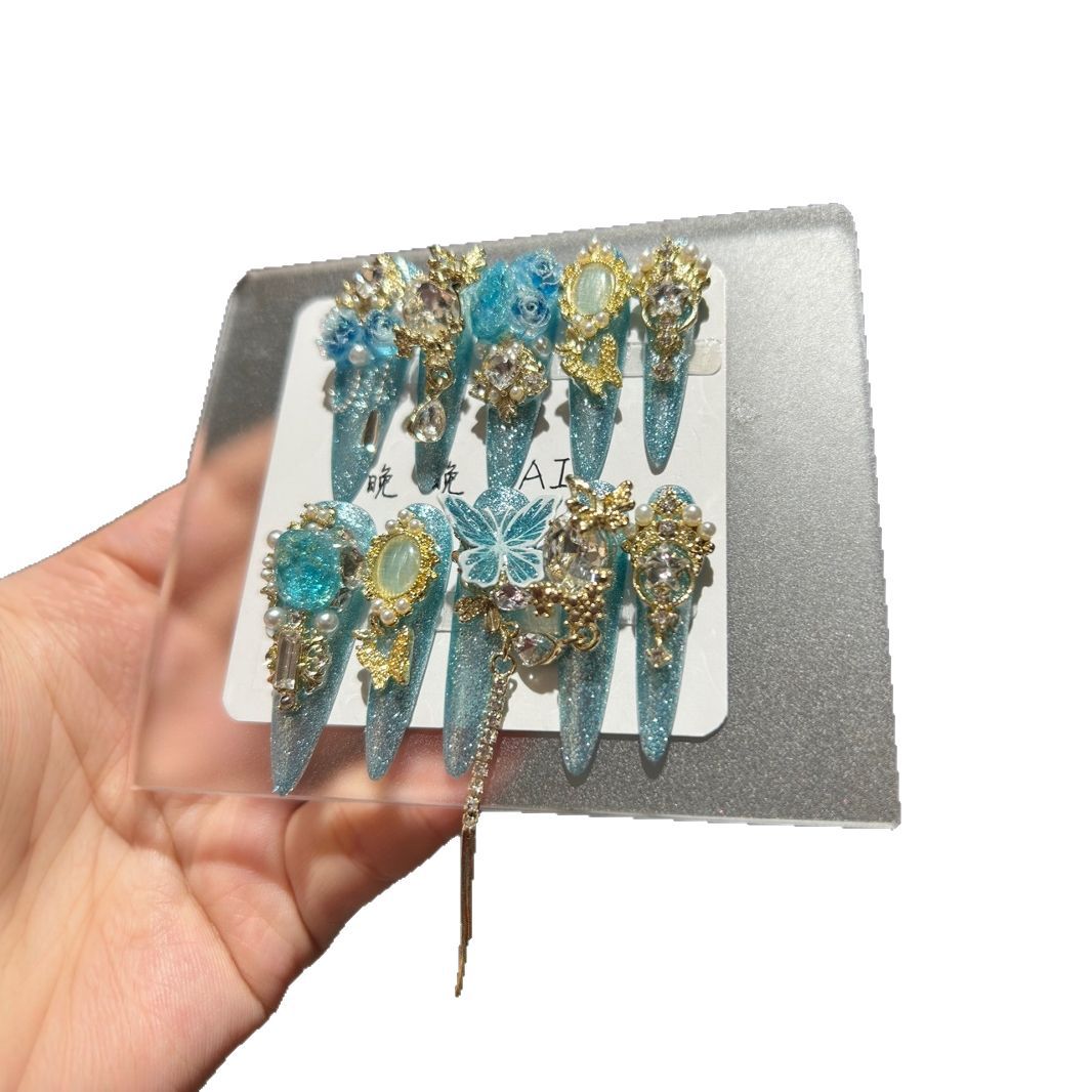 Handmade Sparkly Turquoise Glitter Long Stiletto Press On Nails with 3D Blue Roses, Gold Butterfly Charms, Oval Gemstones & Gold Chain Tassels