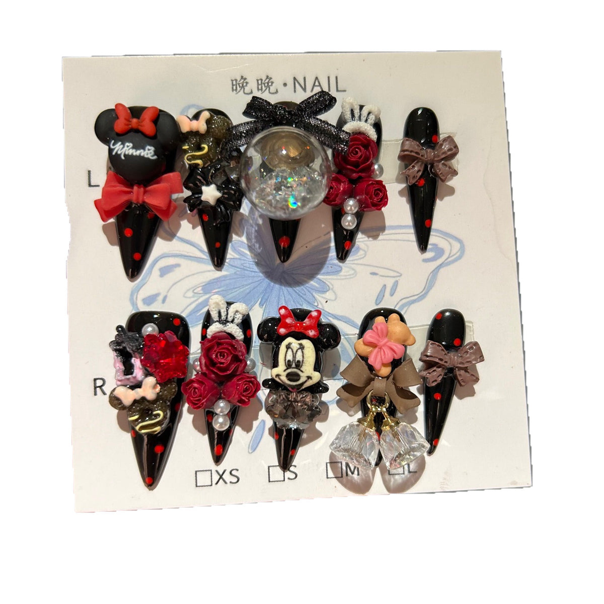 Dark & Red Stiletto Press-on Nails with 3D Mickey Minnie, Glitter Snow Globe, Red Roses, Brown Bow, and Crystal Bell Charms - Y2K Gothic Kawaii Fake Nail Set