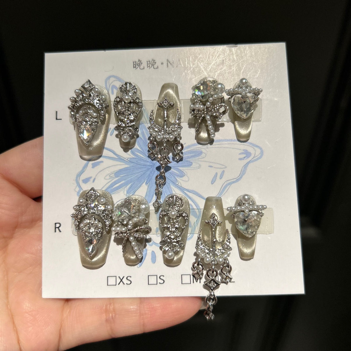 Handmade Cream Champagne Cat Eye Long Stiletto Press On Nails with Silver Rhinestone Filigree, Giant Heart Crystals & Dangling Chains