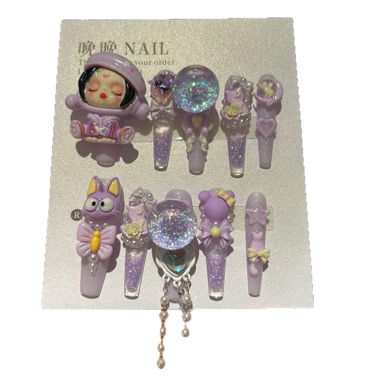 Handmade Light Purple Glitter Long Coffin Press On Nails with 3D Cartoon Doll, Rabbit, Shaker Bubble & Bow Charms