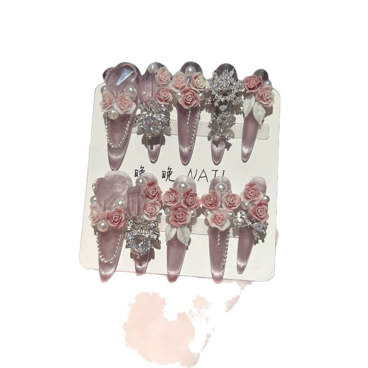 Handmade Dusty Pink Cat Eye Long Stiletto Press On Nails with 3D Pink Roses, Silver Rhinestone Charms, Pearls & Sheer Organza Bows
