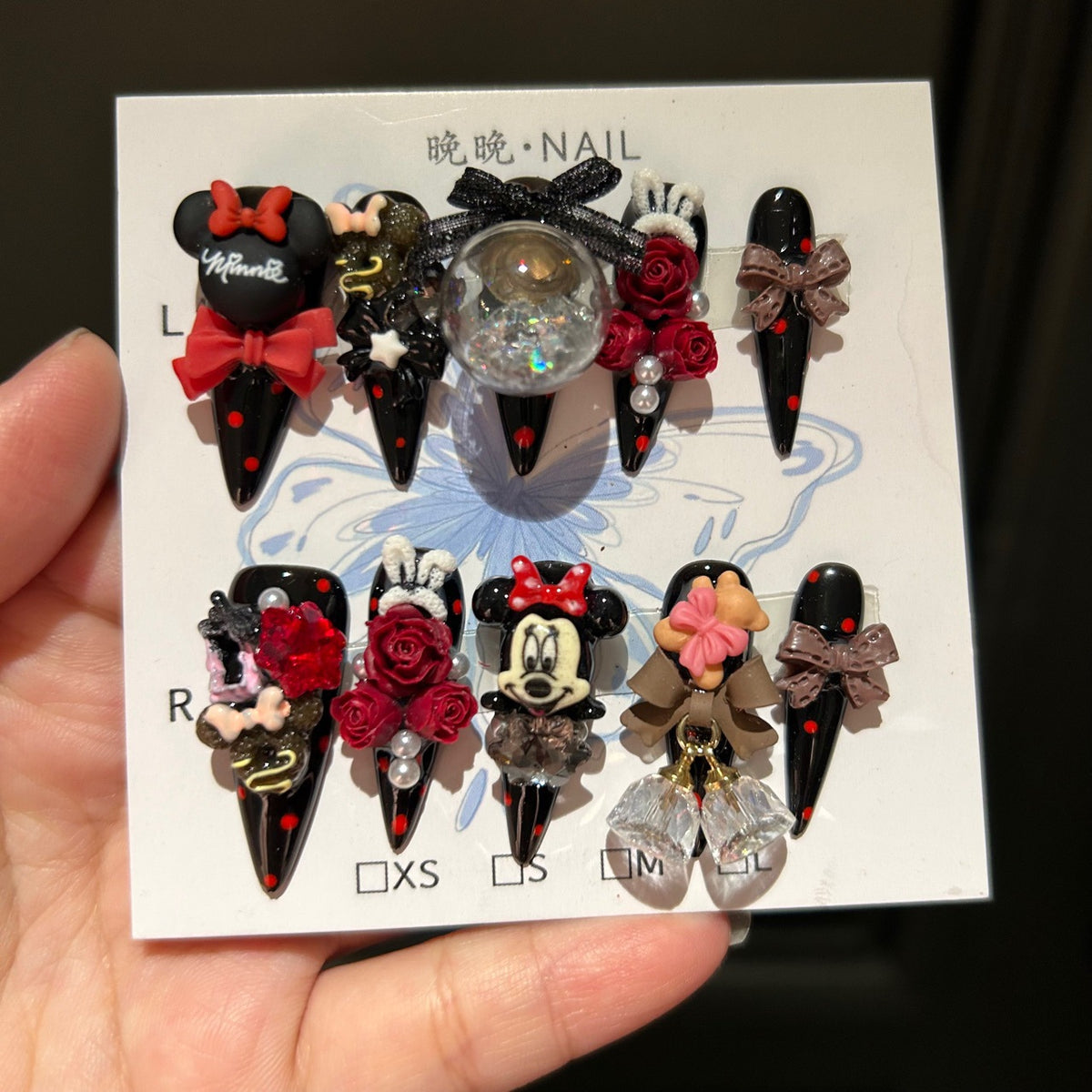 Dark & Red Stiletto Press-on Nails with 3D Mickey Minnie, Glitter Snow Globe, Red Roses, Brown Bow, and Crystal Bell Charms - Y2K Gothic Kawaii Fake Nail Set