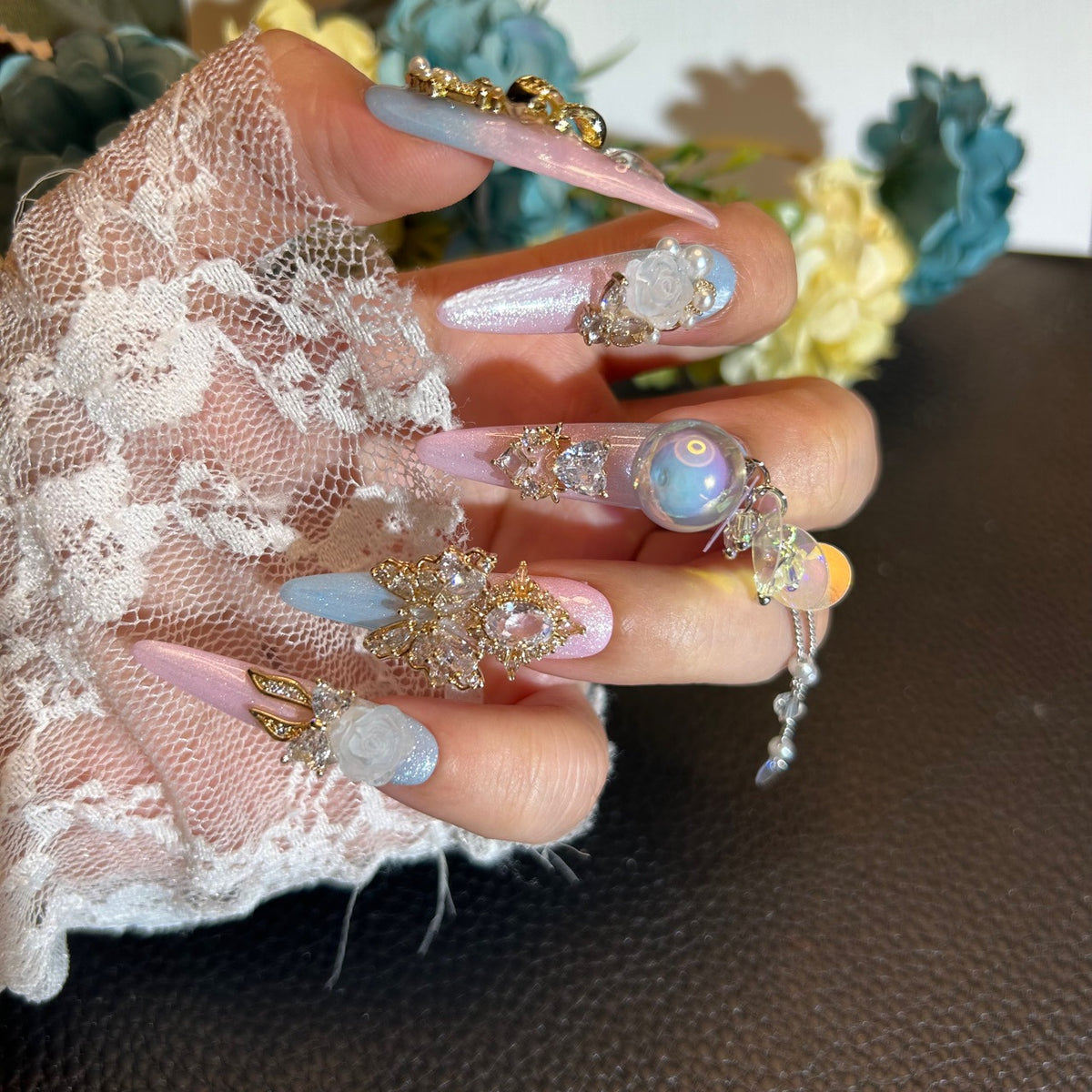 Handmade Pink Blue Gradient Cat Eye Long Stiletto Press On Nails with 3D White Roses, Gold Rhinestone Charms, Iridescent Bubble Ball & Pearl Chain Tassels