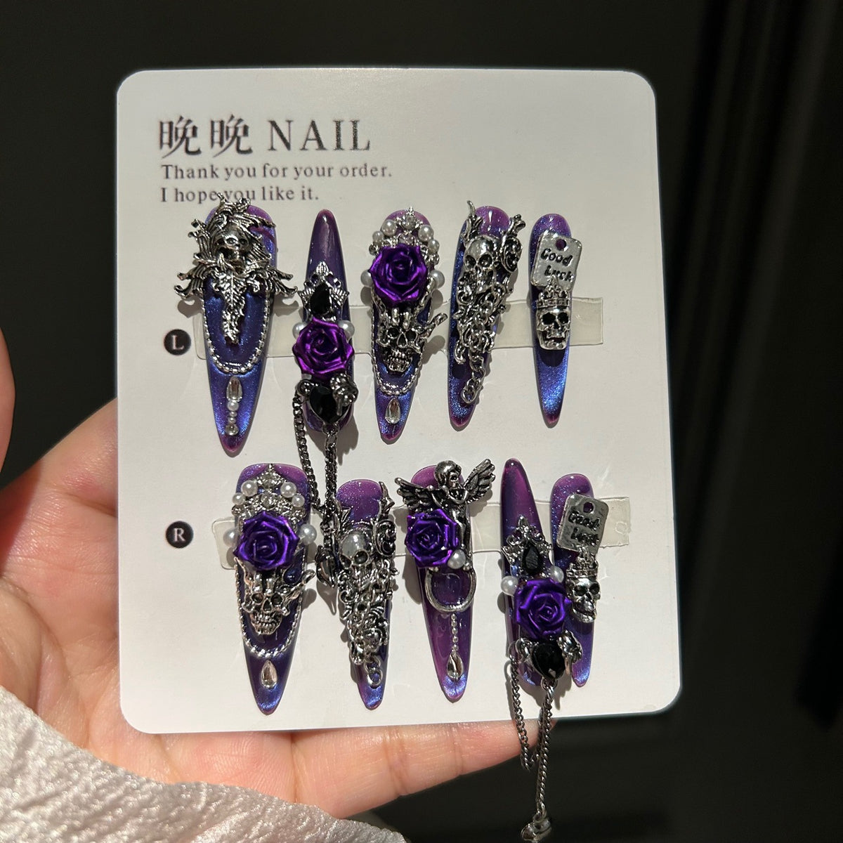 Handmade Purple Blue Cat Eye Long Stiletto Press On Nails with 3D Purple Roses, Silver Skull Charms, Black Crystals, Pearls & Dangling Chains