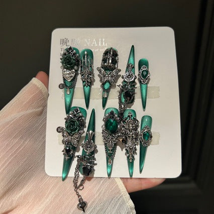 Handmade Blue Silk Press On Nails | Luxury Mysterious Green & Satin Glow Reusable Fake Nails, High-End Elegant Nail Art