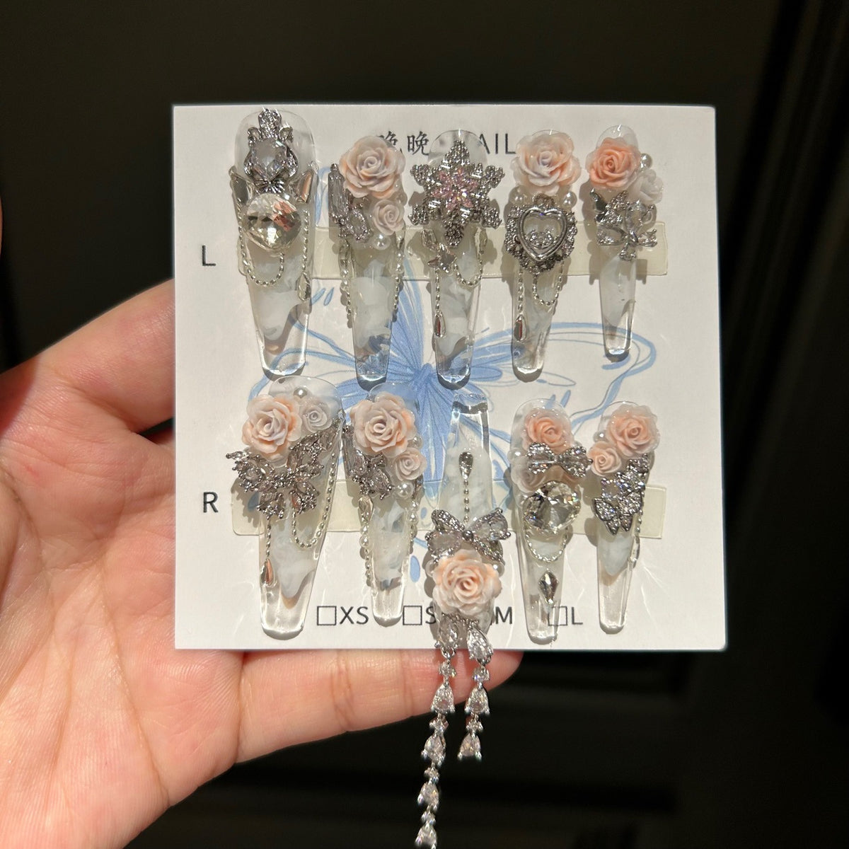 Handmade Clear Marble Long Stiletto Press On Nails with 3D Peach Roses, Silver Rhinestone Butterfly & Bow Charms, Heart Crystals & Dangling Chains