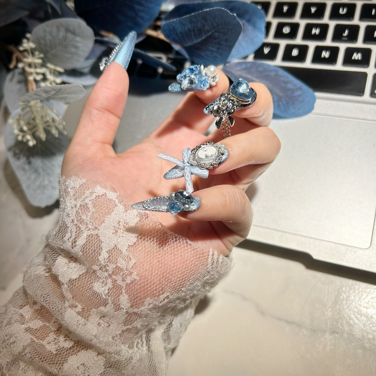 Handmade Sparkly Blue Glitter Long Stiletto Press On Nails with 3D Blue Roses, Vintage Cameo & Blue Heart Crystal Charms