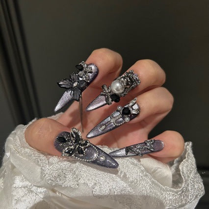 Grey-Purple Cat Eye Stiletto Press-on Nails with 3D Butterfly, Pearl, and Chain Charms - Luxury Gothic Fake Nail Set