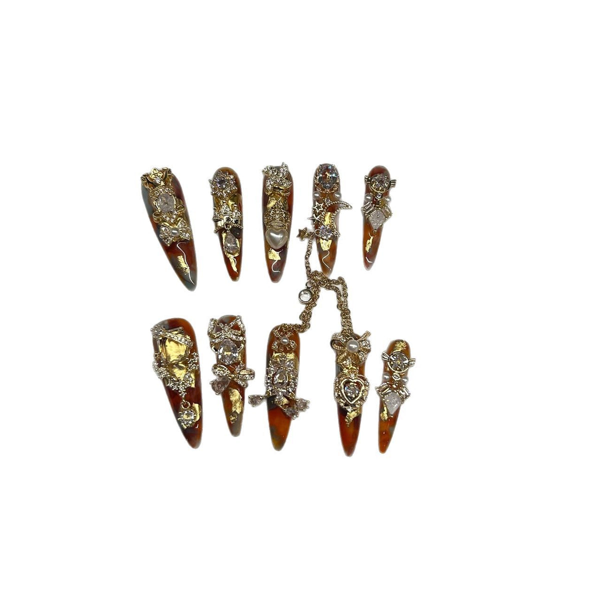 Handmade Amber Marble Long Stiletto Press On Nails with Gold Filigree, Crown & Large Crystal Charms