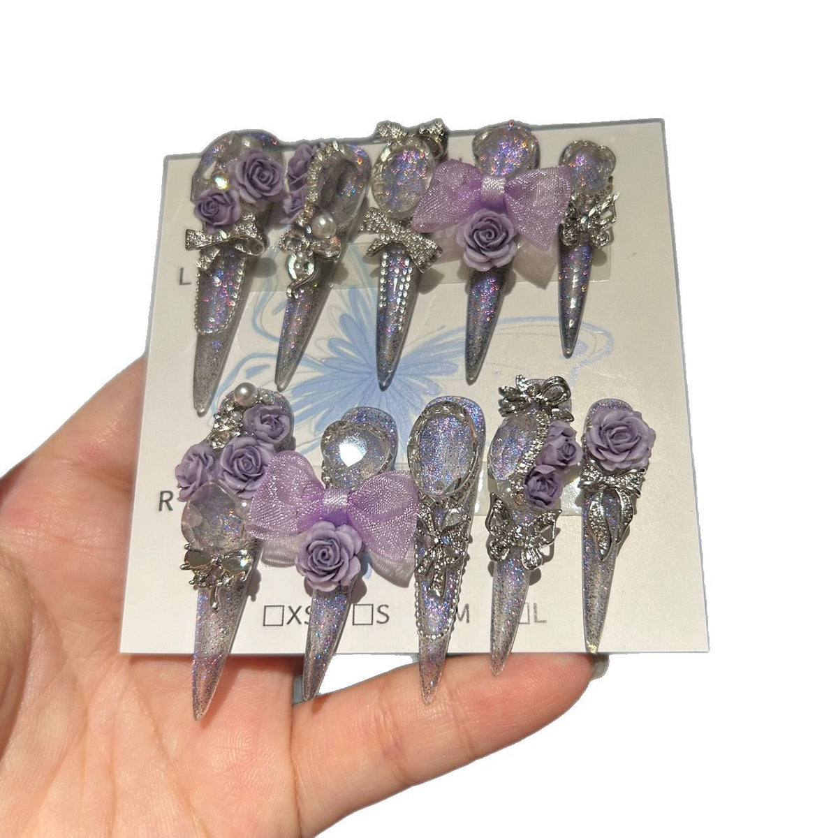 Handmade Purple Glitter Rose Bow Long Stiletto Press On Nails with Rhinestones & Pearls