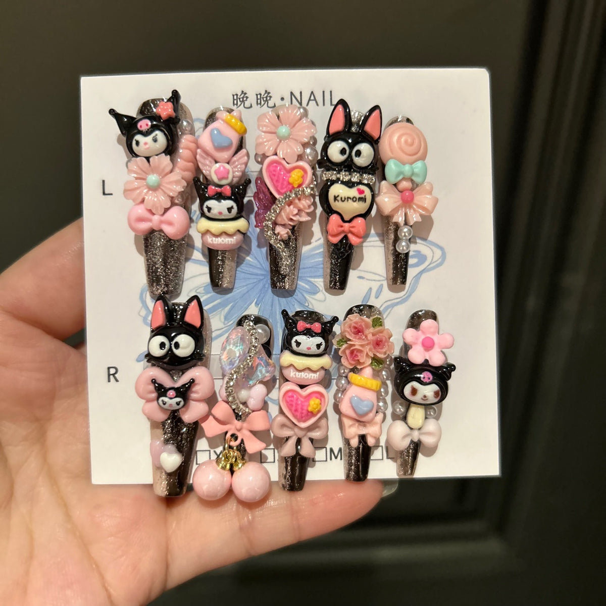 Handmade Kuromi Kawaii Long Stiletto Press On Nails with 3D Resin Charms, Pink Bows & Flowers