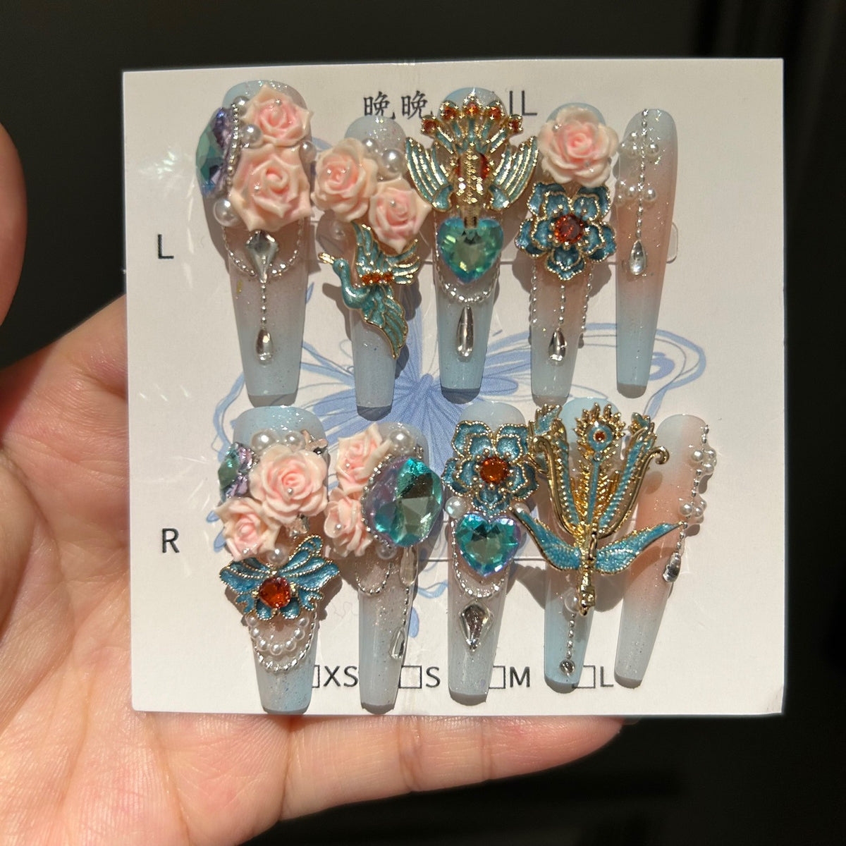 Blue and Gold Gradient Coffin Press-on Nails with 3D Pink Rose, Enamel Peacock Charms, and Hanging Pearl Drops - Oriental Glam Fake Nail Set
