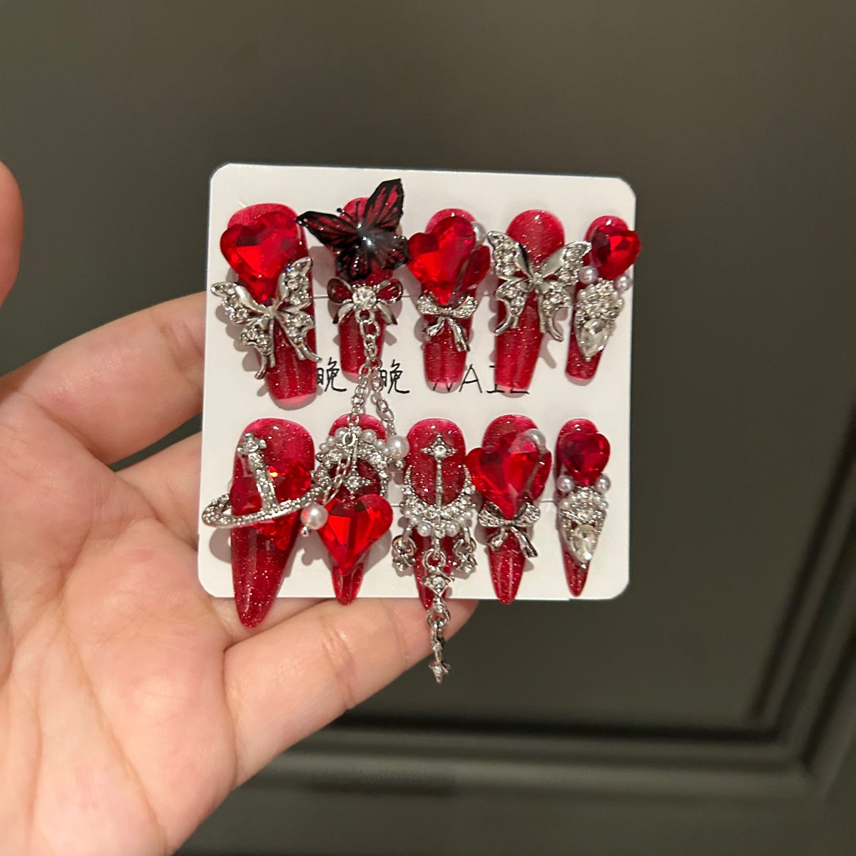 Handmade Red Glitter Long Coffin Press On Nails with Giant Red Heart Crystals, Butterfly Charms & Silver Dangling Chains