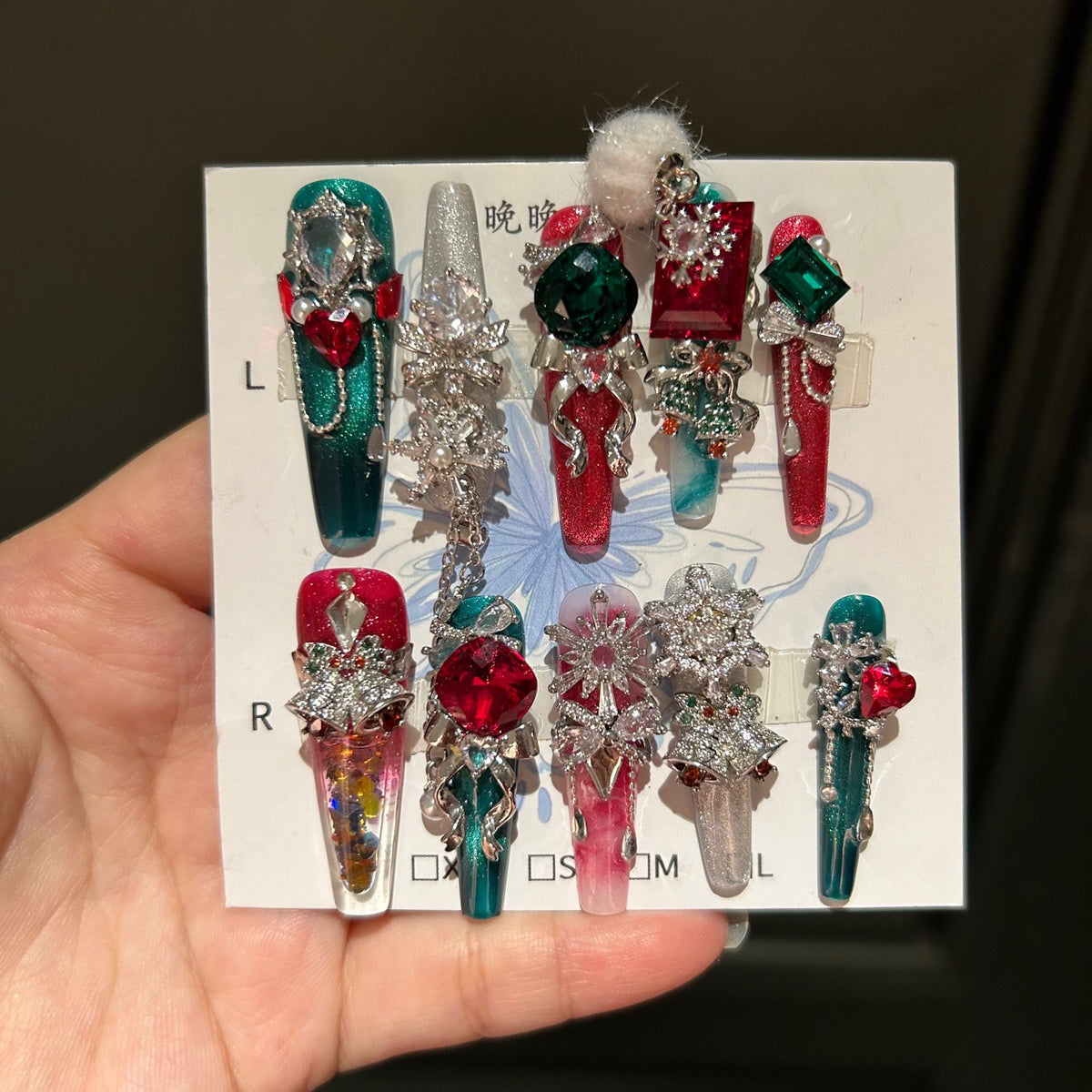 Red and Green Christmas Coffin Press-on Nails with 3D Ruby, Emerald Gem, Snowflake, and Hanging Chain Charms - Holiday Glam Fake Nail Set