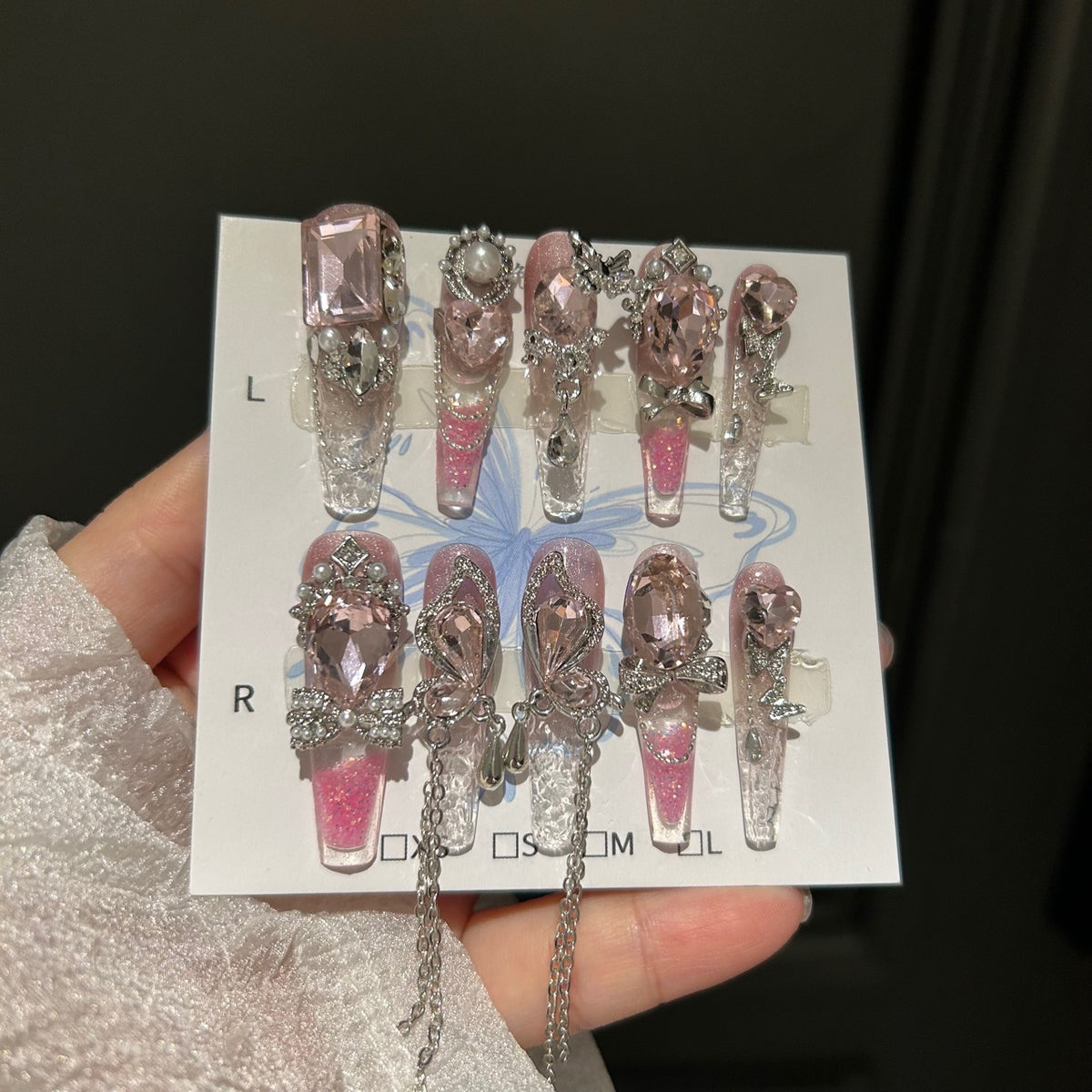 Handmade Pink Glitter Ombre Long Coffin Press On Nails with Large Pink Heart & Rectangle Crystals, Butterfly Rhinestones, Pearls & Dangling Silver Chains