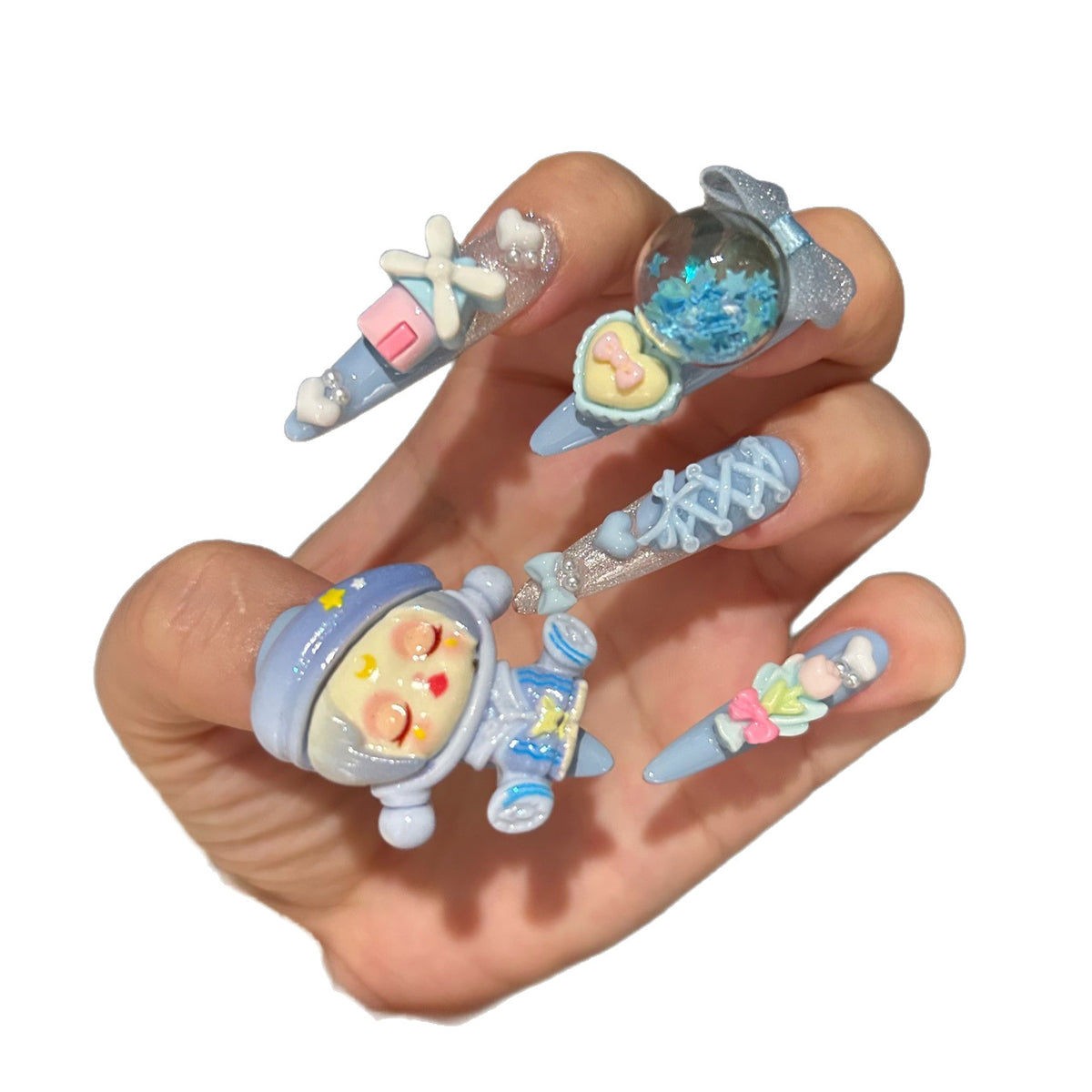 Handmade Blue Kawaii Space Doll Long Stiletto Press On Nails with 3D Resin Charms