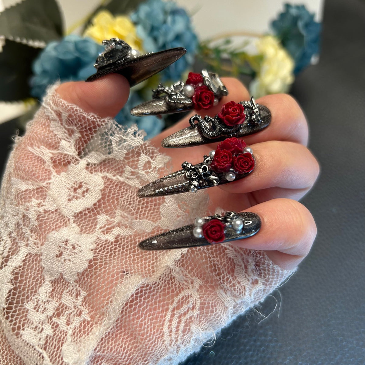 Handmade Metallic Black Long Stiletto Press On Nails with 3D Red Roses, Snake & Pearl Charms
