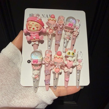 Handcrafted Luxury Kawaii Press-on Nails - Sweet Pink Theme with 3D Anime Figures, Bunnies and Bows