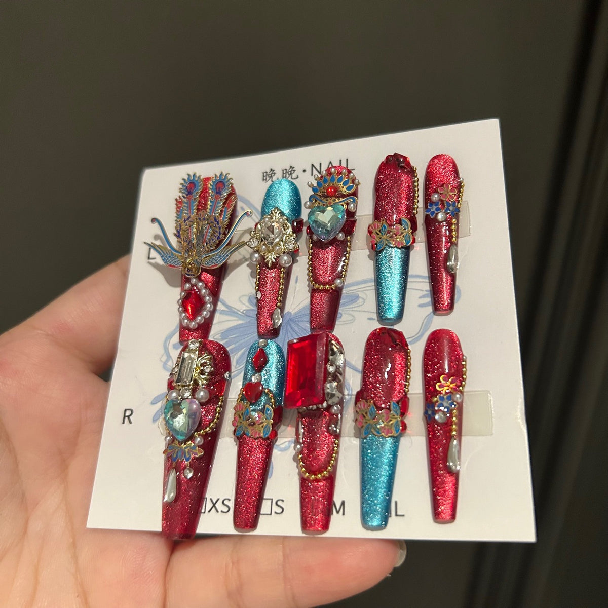 Handcrafted Designer Chinese Aesthetic Press-on Nails - Metallic Cat Eye Base with Heavy 3D Phoenix, Large Crystals and Chain Drops