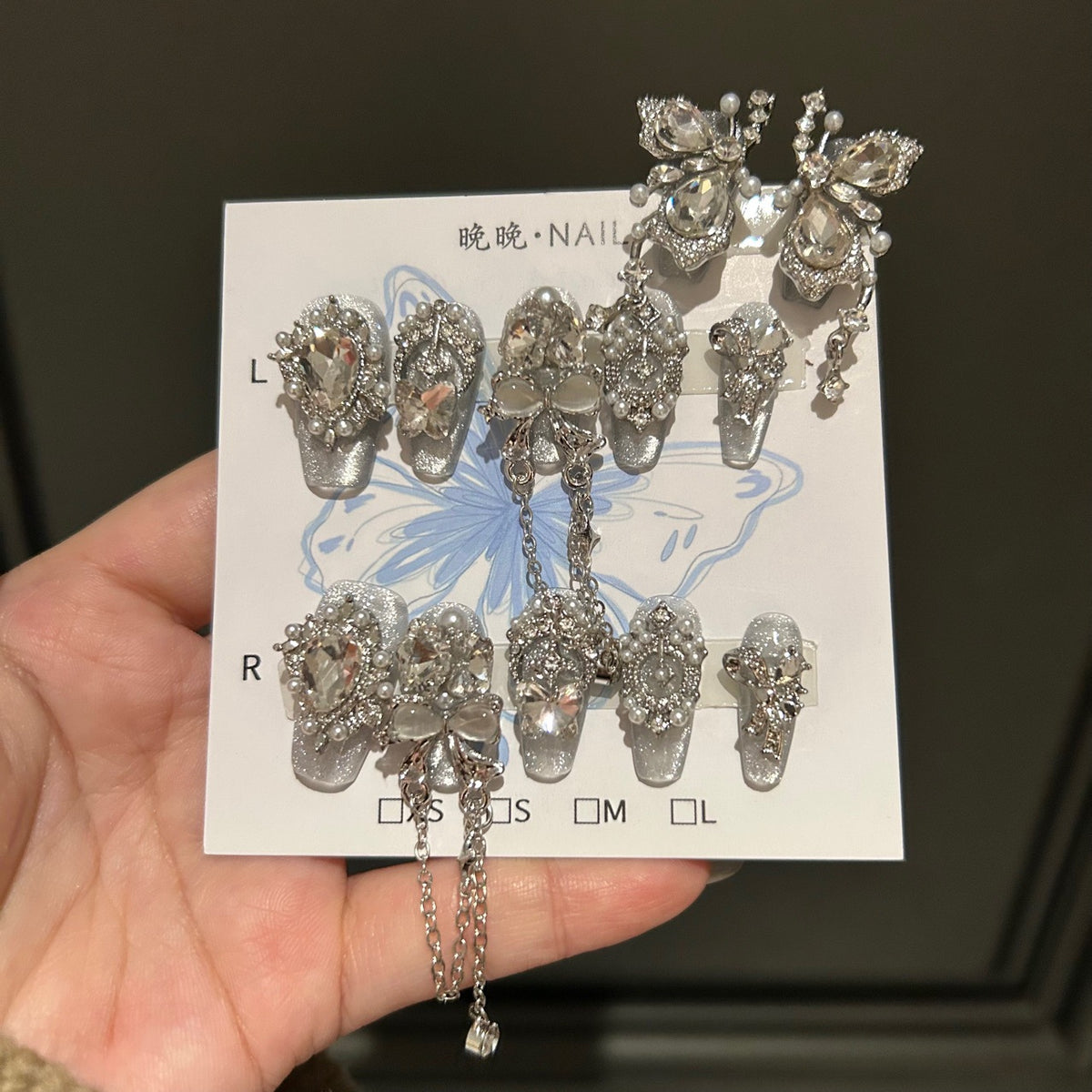 Handmade Silver Cat Eye Long Coffin Press On Nails with Giant Rhinestone Butterfly, Pearls & Dangling Chain Charms